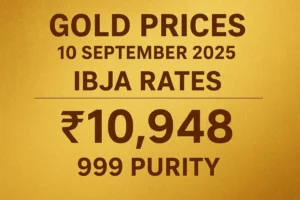 Gold prices today, 10 Sept 2025, with IBJA rates showing 999 purity at Rs 10,948 per gram.