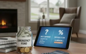 A person saving money in a jar labeled emergency Fund for future security