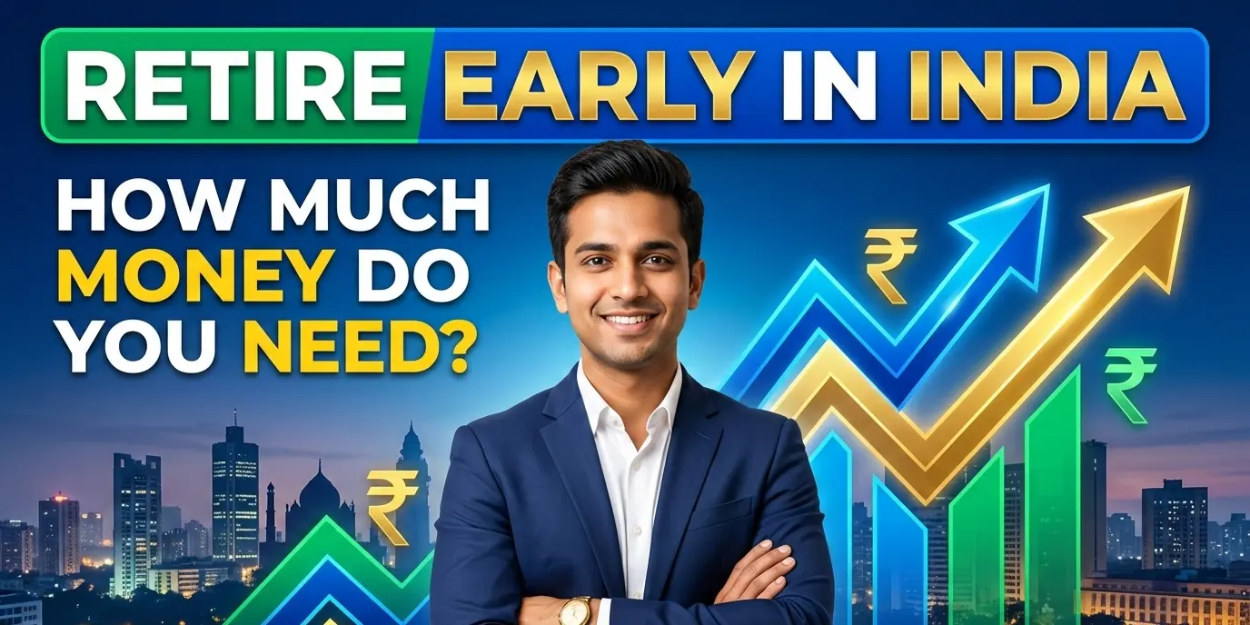 Young Indian professional looking at financial growth chart with text "How to Retire Early in India", symbolizing retirement planning in India and how much money is needed to retire early in India.